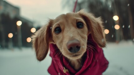 Cute Dachshund Dog in Red Jacket Enjoying Winter Snow Outdoors