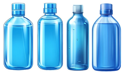 Set of transparent blue plastic water bottles in different sizes and designs on white background








