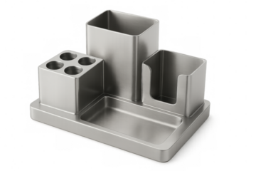 Metal desk organizer holding pens, papers, keeping workspace neat, minimalist design supporting office efficiency