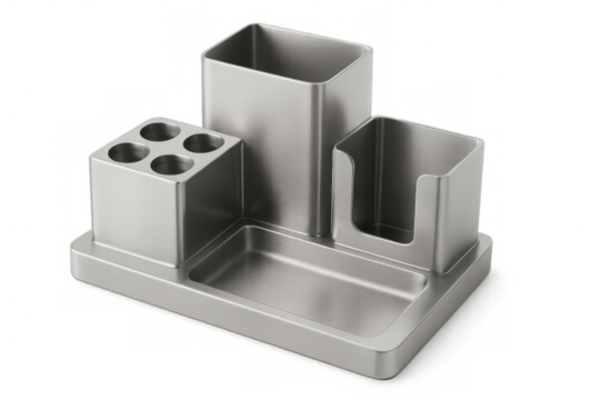 Metal desk organizer holding pens, papers, keeping workspace neat, minimalist design supporting office efficiency