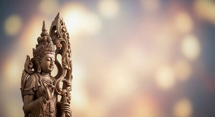 A beautifully carved wooden Buddha statue in a peaceful pose, with intricate details on its headdress and robes, set against a soft, ethereal bokeh background.