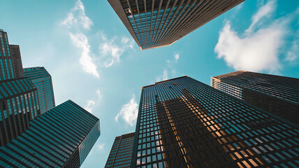 Obraz premium New York City's iconic skyline boasts towering skyscrapers, a testament to urban architecture and corporate finance, with glass facades reflecting the blue sky