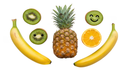 Happy fruit face made of banana pineapple kiwi and orange isolated on transparent background