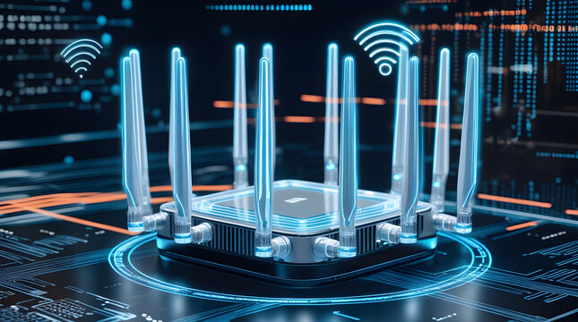 Blue abstract fiber optics network with glowing light spots for technology and medical research for future - Powered by Adobe