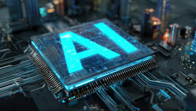 Glowing blue ai text with holographic effect on circuit board and futuristic cityscape