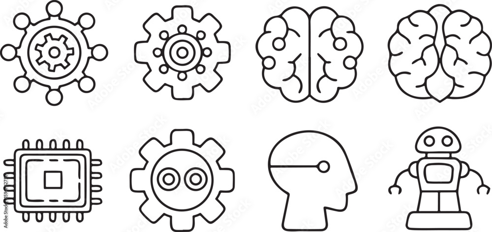 Poster isolated artificial intelligence icon set, neural network chip, ai brain outline, automation algorit