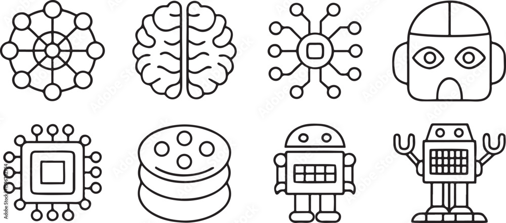 Poster isolated machine learning and ai icons, brain network, algorithmic structure, chatbot response, robo