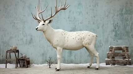 Majestic albino deer with unique spotted coat standing in winter setting - Powered by Adobe