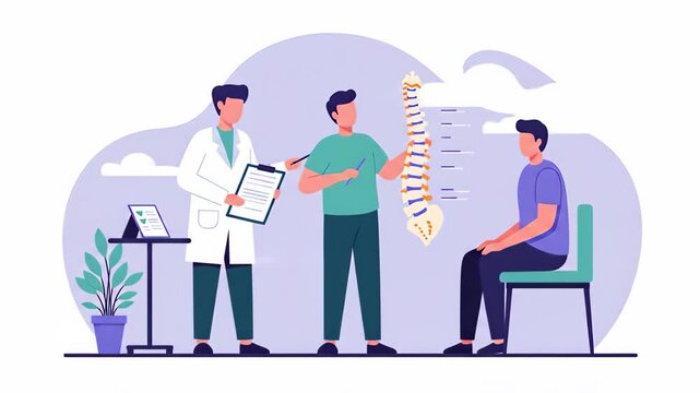 Flat vector a chiropractor is examining a patients spine, providing medical consultation and treatment for back pain and ensuring proper alignment for optimal health and wellness