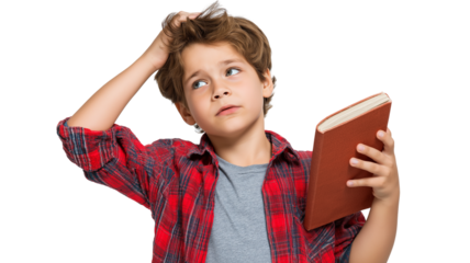 Boy confused holding book scratching head thoughtful expression wearing red plaid shirt and gray t shirt