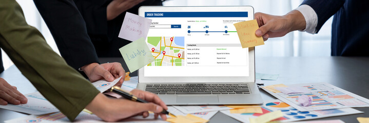 Analyst team use sticky note for creative and analytic brainstorm for business idea with BI data...