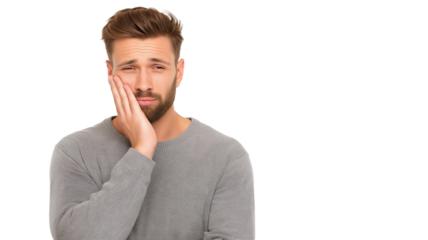 Man rubbing face showing signs of boredom and tiredness with closed eyes wearing gray sweater isolated on transparency background