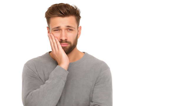 Man rubbing face showing signs of boredom and tiredness with closed eyes wearing gray sweater isolated on transparency background