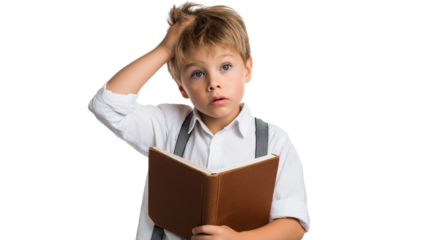 Boy holding book scratching head confused thoughtful expression wearing white shirt suspenders isolated on transparency background
