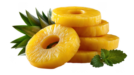Stack of canned pineapple rings with fresh pineapple leaves and mint isolated on transparent background