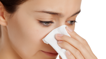 Young woman wiping nose with tissue, showing sad expression and delicate skin close up, emotional moment captured with soft natural light