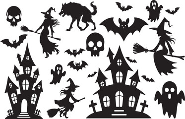 Collection of halloween silhouettes icon and character., witch, creepy and spooky elements for halloween decorations, silhouettes, sketch, icon, sticker. Vector illustration
