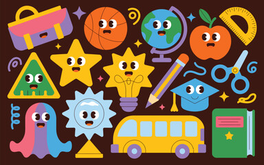 Naklejka premium Funny Back to School Hand Drawn Characters and Icon Collection for Playful Educational Designs, Great for Kids' Crafts, Stationery, Bulletin Boards, and Teaching Materials