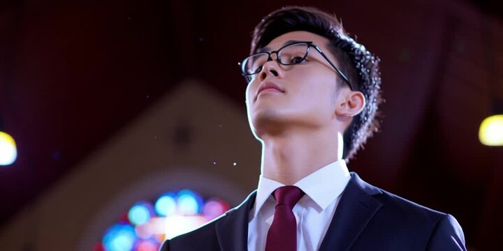 Religious korean man in Christian church experiencing the holy spirit