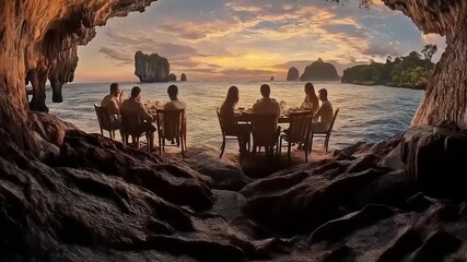 Dining dreamscape: friends gather in a cave for sunset dining at the sea