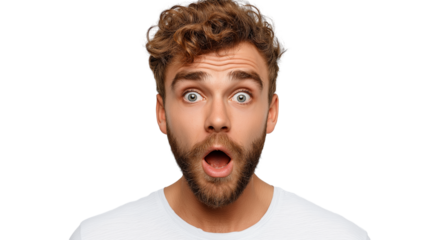 Man beard surprised expression curly hair open mouth shocked young adult casual emotion