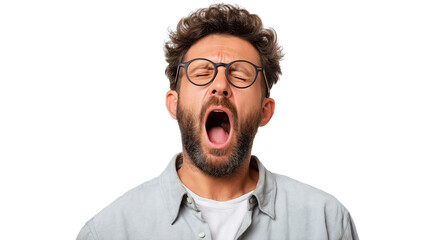 Man yawning widely with eyes closed showing tiredness and boredom, wearing glasses and casual shirt, isolated on transparency background