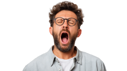Man yawning widely with eyes closed showing tiredness and boredom, wearing glasses and casual shirt, isolated on transparency background