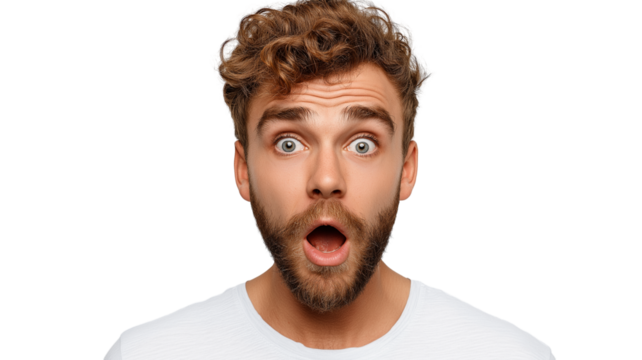 Man beard surprised expression curly hair open mouth shocked young adult casual emotion