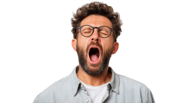 Man yawning widely with eyes closed showing tiredness and boredom, wearing glasses and casual shirt, isolated on transparency background
