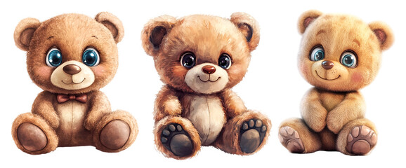 Set of three adorable teddy bears sitting in a row with white background
