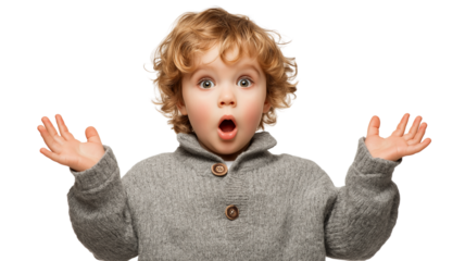 Surprised young boy with curly hair wearing gray sweater raises hands with wide eyes and open mouth expressing shock and amazement
