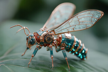 Futuristic robotic insect with glowing mechanical wings perched on green leaf in daylight