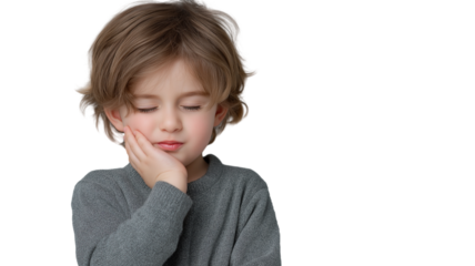 Child boy face hand closed eyes bored casual gray sweater young emotion