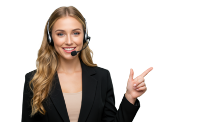Young caucasian woman with blonde wavy hair, confident smile, wearing a black blazer and call center headset, pointing at white copy space on a transparent studio background, concept of