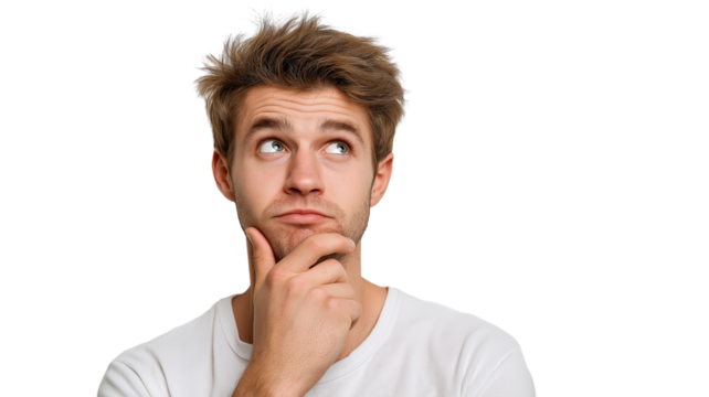 Young man with tousled brown hair wearing white shirt looking up thoughtfully with tired eyes and hand on chin, expressing contemplation and slight fatigue