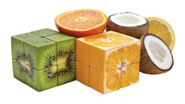 Creative kiwi and orange cubes with coconut and lemon slices isolated on transparent background