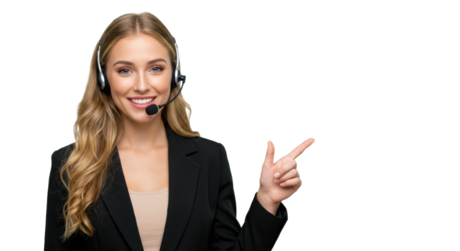 Young caucasian woman with blonde wavy hair, confident smile, wearing a black blazer and call center headset, pointing at white copy space on a transparent studio background, concept of
