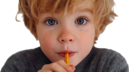 Young boy with red hair chewing on pencil looking bored and unfocused with large expressive eyes and soft skin in close up portrait