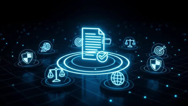 A digital document surrounded by security and compliance icons represents the importance of regulatory adherence in a technological world