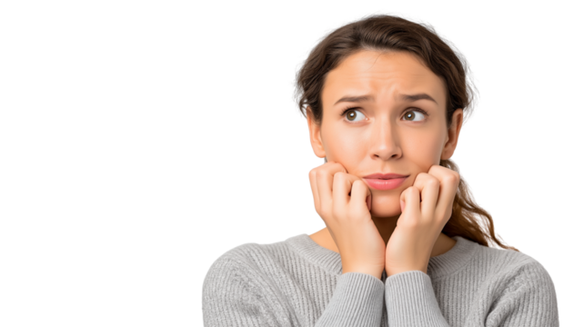 Worried woman anxious expression thinking hard uncertain face hands near face casual clothing young adult female portrait emotional moment isolated background