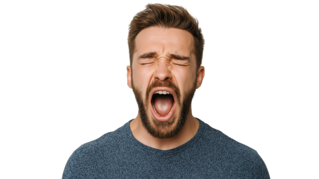 Man yawning beard closed eyes open mouth casual clothing young adult facial expression tired isolated male portrait emotion fatigue boredom unshaven short hair studio shot human person adult male
