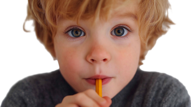 Young boy with red hair chewing on pencil looking bored and unfocused with large expressive eyes and soft skin in close up portrait