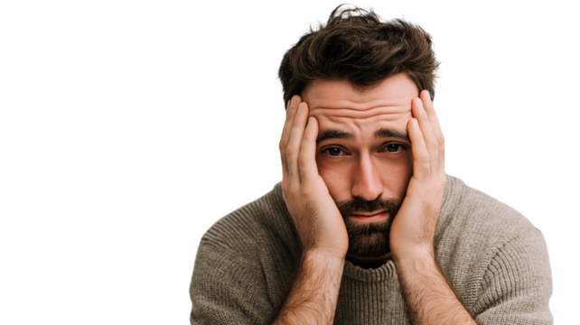 Man sitting with head in hands showing emotional sadness and stress, wearing knitted sweater, isolated on transparency background with pensive expression