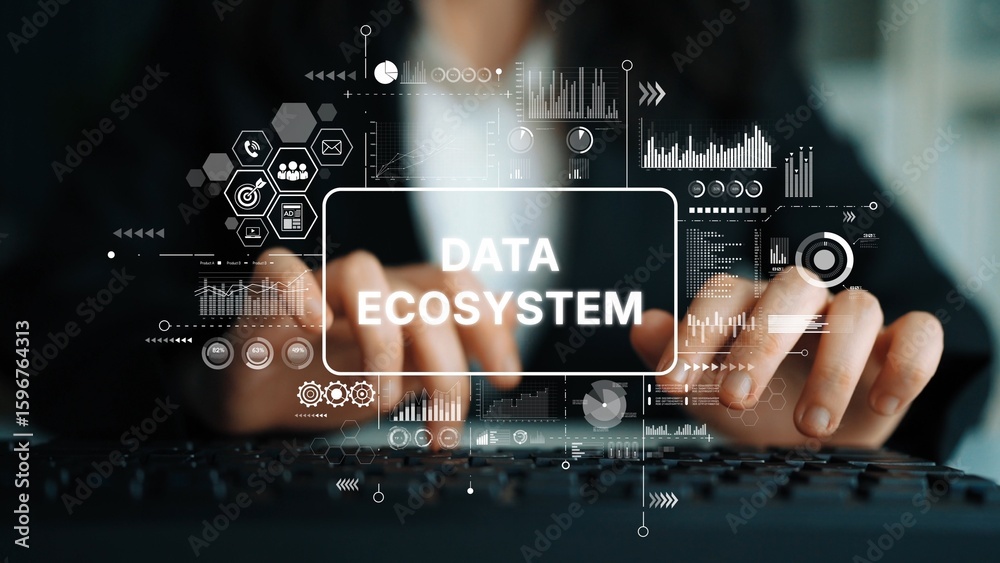 Poster business professional engaging with data ecosystem concepts on a modern digital interface. asymptoti