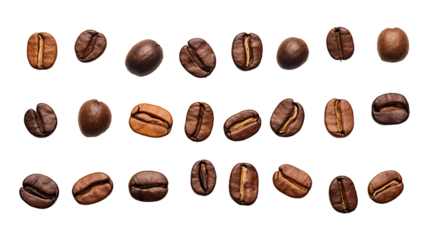 Roasted coffee beans isolated on transparent white background, clipping path