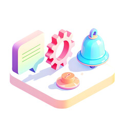An isometric platform showcases chat, gear, lock, and bell icons, representing digital settings and communication isolated on transparent background