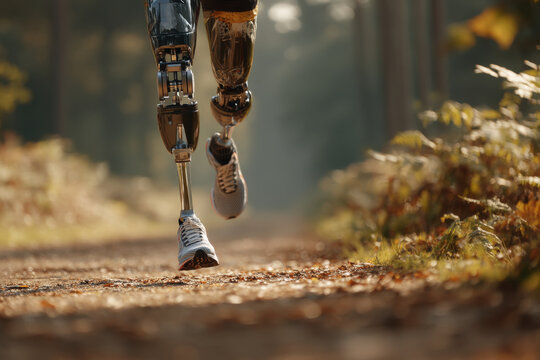 Athlete sprinting on sunlit forest trail with advanced bionic prosthetic leg