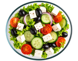 Greek Salad in Transparent Glass Bowl with Feta Cheese, Top Angle, isolated on transparent background.