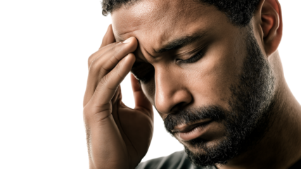 Man resting forehead on palm showing emotional strain and stress with closed eyes and beard closeup