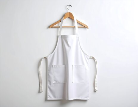 Chef's apron hanging on hook against clean white wall in a minimalist studio setting - Powered by Adobe